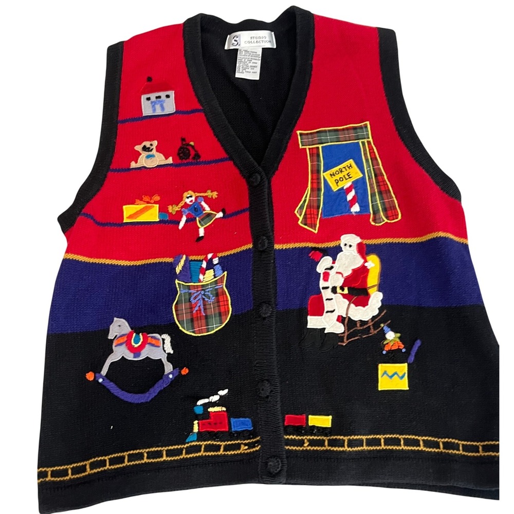 Vintage Christmas cotton blend sweater vest button retro women XL embellished